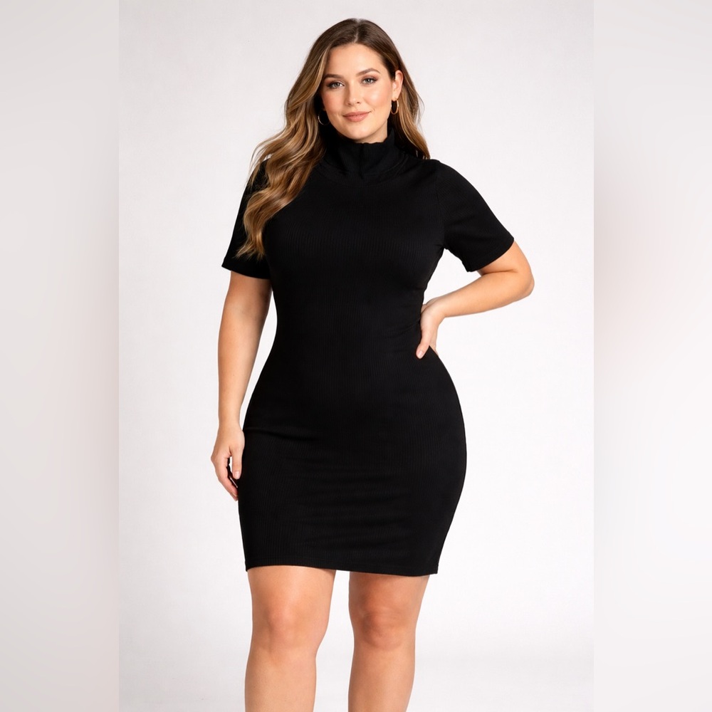 Michael Kors Black Ribbed Knit Sweater Dress Women’s Large Stretch Fitted Midi
